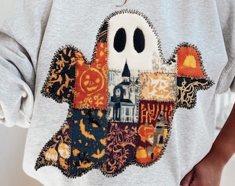 Halloween-spooktrui met patchwork | Vintage Halloween-quilt spook T-shirt | Spookshirt | Spooky herfst retro Halloween-shirt-sweater