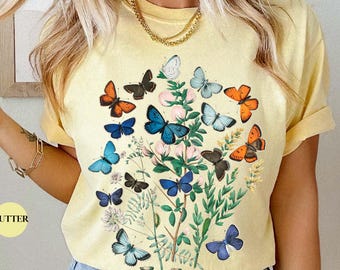 Camiseta con mariposas y flores vintage Comfort Colors® / Camiseta floral retro con mariposas / Camiseta con mariposa monarca Y2K / Camiseta holgada con estampado gráfico