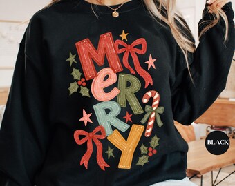 Merry Christmas Sweatshirt | Candy Cane Bow Christmas Cozy Season Fall Sweatshirt | Xmas Holidays Sweater | Matching Group Sweatshirt