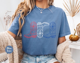 Rood wit blauw cowgirl boots Comfort Colors®-shirt | Western-T-shirt 4 juli | Shirt Fourth Of July Amerika | Cowboy patriottisch T-shirt