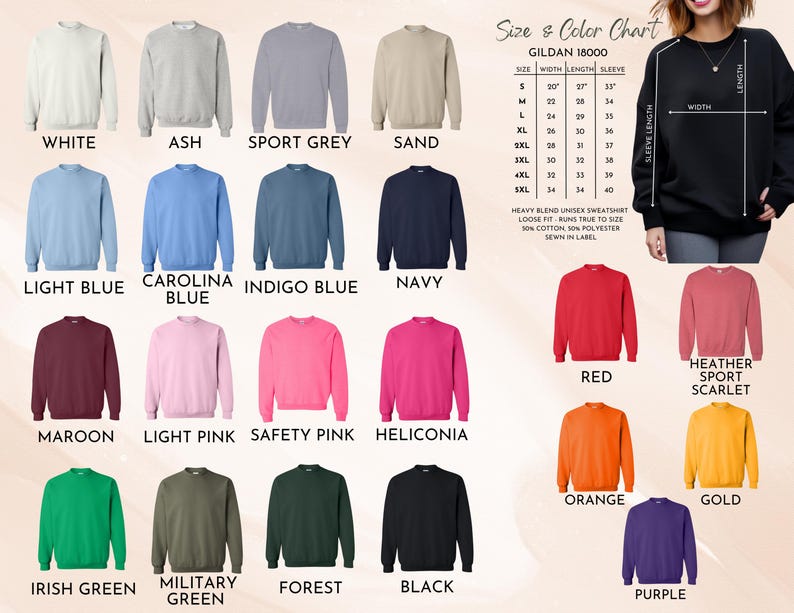 K&ouml;nnte beinhalten: Eine Farbkarte f&uuml;r Gildan 18000 Unisex-Sweatshirts mit Farben wie Wei&szlig;, Grau, Sportgrau und Marineblau. Die Karte enth&auml;lt Gr&ouml;&szlig;en von S bis 5XL, mit Ma&szlig;en in Zoll f&uuml;r Breite, L&auml;nge und &Auml;rmell&auml;nge. Der Text lautet: "Heavy Blend Unisex Sweatshirt, Loose Fit, Runs True to Size, 50% Cotton, 50% Polyester, Sewn in Label."