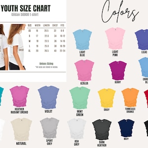 May include: A youth size chart for Gildan 5000B t-shirts, with measurements in inches. The chart includes size, width, length, chest, and fit information. A color palette displays various t-shirt colors, including light blue, pink, lilac, and red.