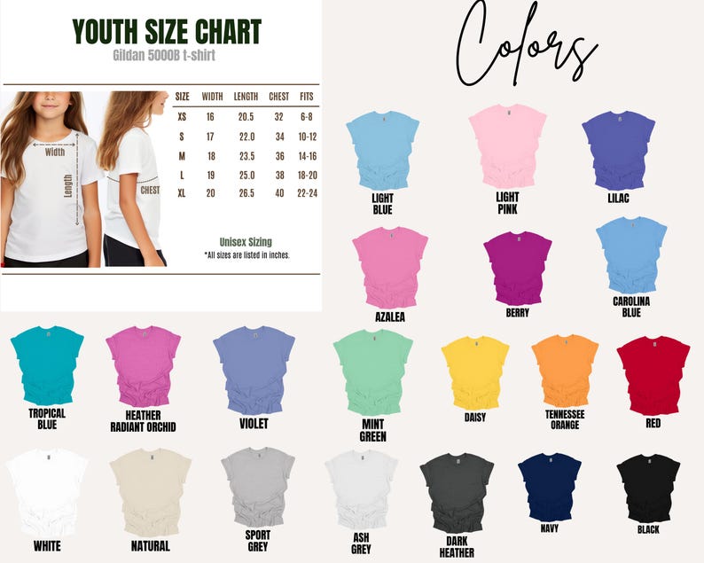 May include: A youth size chart for Gildan 5000B t-shirts, with measurements in inches. The chart includes size, width, length, chest, and fit information. A color palette displays various t-shirt colors, including light blue, pink, lilac, and red.