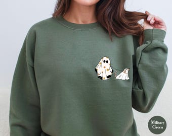 Sudadera con perro fantasma de Halloween / Camiseta con perro fantasma / Camiseta de perro de Halloween para mujer / Camiseta de temporada espeluznante / Sudadera con camiseta para amantes de los perros