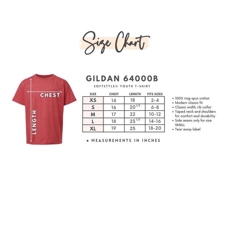 以下が含まれることがあります： Gildan 64000B Softstyle Youth Tシャツのサイズチャート。チャートは、XSからXLまでのサイズに対応する胸囲と着丈をインチで示しており、年齢層も記載されています。