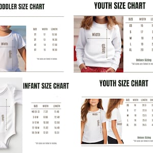 May include: Clothing size charts for toddlers, youths, and infants. Measurements for width and length are in inches. The youth chart also includes chest and fit measurements. Unisex sizing is noted.