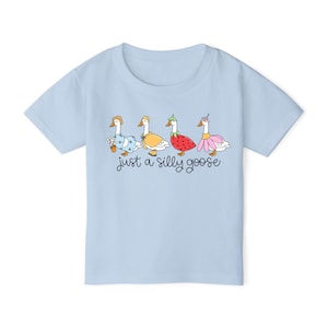 以下が含まれることがあります： 薄い青色のTシャツに、異なるコスチュームを着た4羽のガチョウのグラフィックがプリントされています。ガチョウの下には「just a silly goose」というテキストがプリントされています。