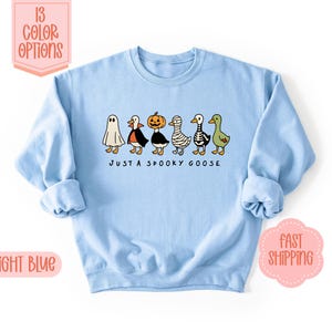 May include: Pale blue sweatshirt with a Halloween-themed design. It features a row of cartoon geese in costumes, including a ghost, vampire, pumpkin, mummy, skeleton, and green goose. The text "JUST A SPOOKY GOOSE" is printed below.