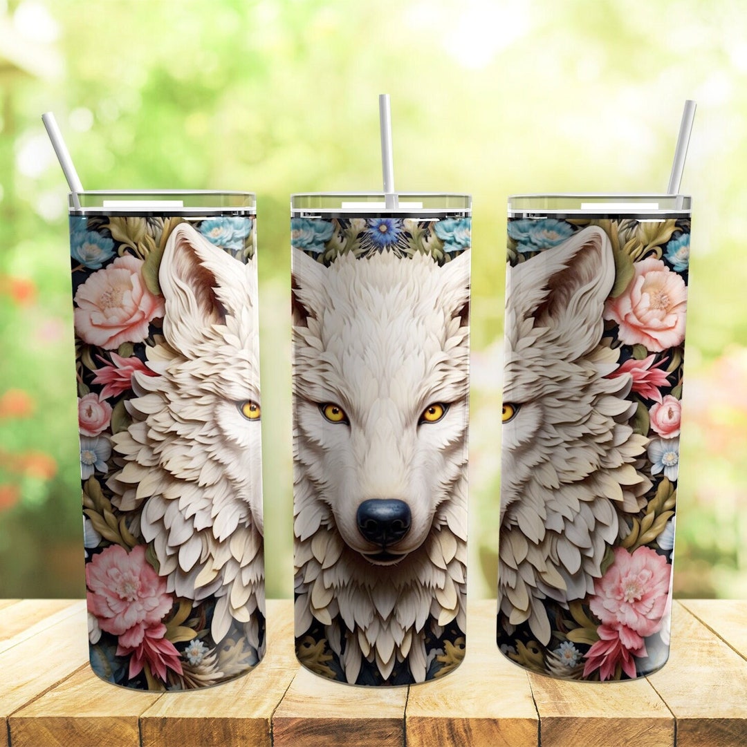 3D White Wolf and Flowers 20 Oz Skinny Tumbler Straight and Tapered ...