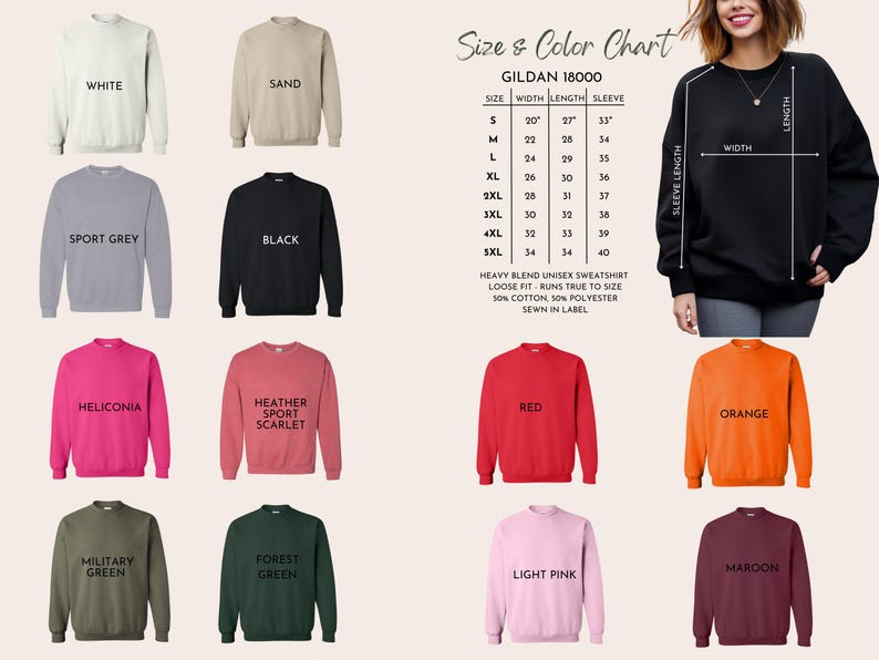 Puede incluir: Imagen de sudaderas unisex Gildan 18000 en varios colores, incluyendo blanco, negro y rojo. Tambi&eacute;n se muestra una tabla de tallas y colores, con medidas en cm para ancho, largo y largo de manga.