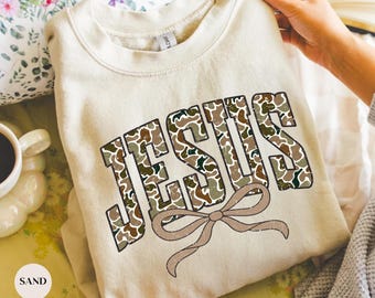 Camo Jesus Sweatshirt | Camouflage Coquette Jesus Sweatshirt | Christian Sweater | Faith Sweatshirt | Jesus Catholic Sweatshirt