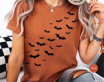 Halloween Bat Comfort Colors® T-Shirt | Retro Vintage Fledermaus lustige Shirts Sweatshirts | Halloween-Kostüm-Hemden | Für Frauen | S286