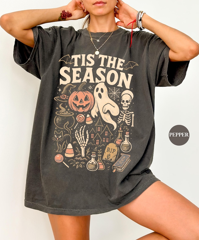 Vintage Halloween Comfort Colors\u00ae T Shirt | Retro 'Tis The Season Skeleton Pumpkin Ghost Halloween TShirt | Y2K Halloween | Women's Shirt