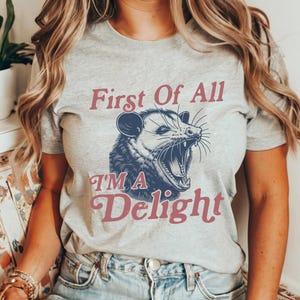Tout d'abord, T-shirt Je suis un délice, chemise femme drôle, jolie chemise raton laveur, chemise sarcastique, chemise dicton drôle, cadeau pour elle, chemise meme