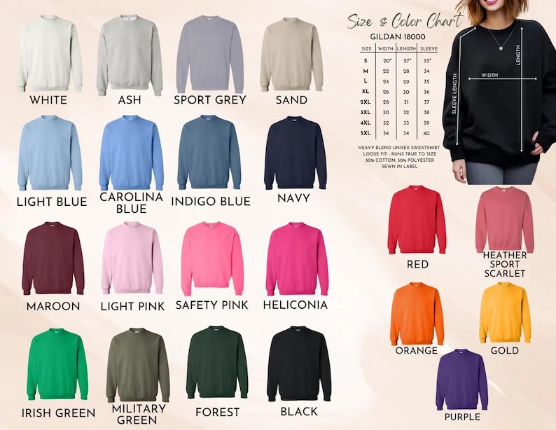 May include: A color chart displays Gildan 18000 unisex sweatshirts in various colors, including white, ash, sport grey, and navy. The chart also shows size measurements for width, length, and sleeve length. The sweatshirts are made of a cotton and polyester blend.