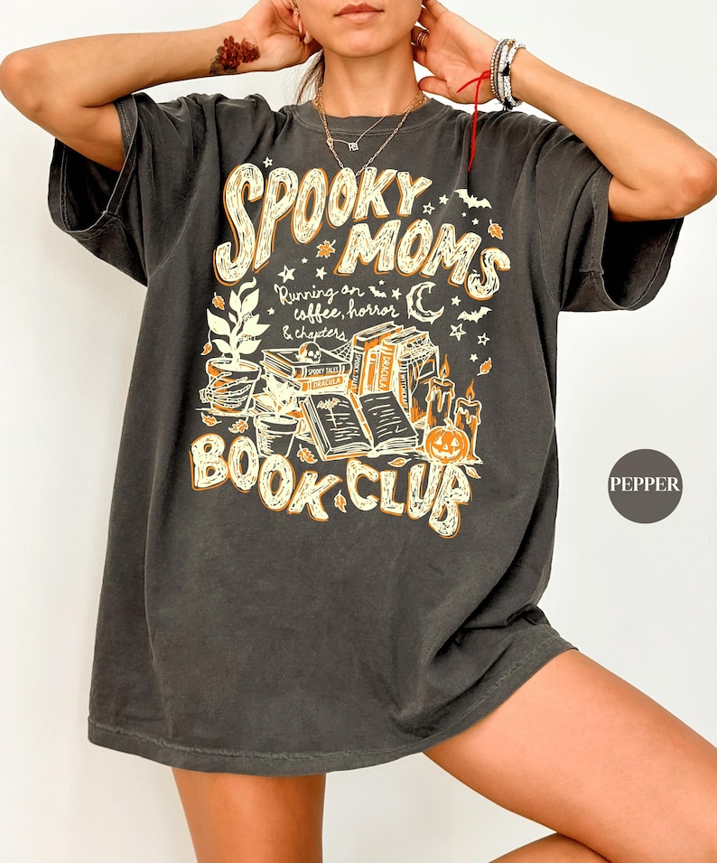 Spooky Moms Book Club Halloween Comfort Colors® Shirt | Book Coffee Lover Tshirt Shirt | Spooky Reader Tee Shirt | Bookish Mom Doodle Shirt image 2