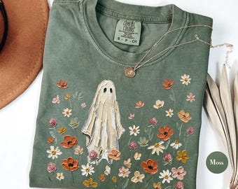 Halloween Floral Ghost Comfort Colors® Shirt | Brushstroke Ghost Flowers Shirt | Ghost Lover Floral Tee | Retro Y2K Halloween Tee Shirt