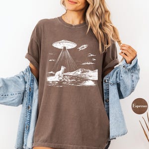 Może przedstawiać: Brązowa koszulka z białym nadrukiem przedstawiającym kota patrzącego w g&oacute;rę na UFO. UFO emituje wiązki światła. Nadruk zawiera r&oacute;wnież małe UFO w tle i pasmo g&oacute;rskie.