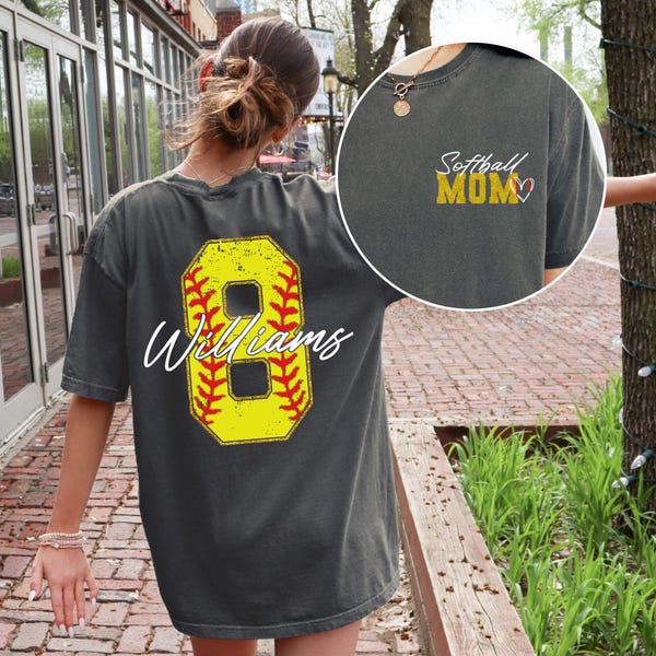 Camiseta personalizada para mamá de sóftbol con colores cómodos® / Camiseta de sóftbol con nombre y número / Camiseta para mamá de sóftbol / Camiseta de regalo para mamá