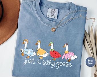 Può includere: Una maglietta blu chiaro con una grafica di quattro oche che indossano abiti diversi. Le oche sono allineate e il testo "just a silly goose" è sotto.