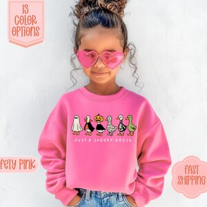 May include: A bright pink sweatshirt featuring the phrase "JUST A SPOOKY GOOSE" and a row of cartoon geese in Halloween costumes. The sweatshirt is worn by a child. The image also shows text that says "13 COLOR OPTIONS" and "SAFETY PINK".