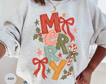 Merry Christmas Sweatshirt | Candy Cane Bow Christmas Cozy Season Fall Sweatshirt | Xmas Holidays Sweater | Matching Group Sweatshirt