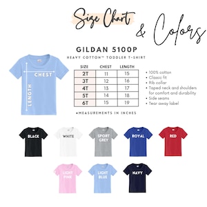 May include: A light blue toddler t-shirt with a size chart and color options. The chart shows chest and length measurements in inches for sizes 2T to 6T. Available colors include black, white, sport grey, royal, red, light pink, light blue, and navy.