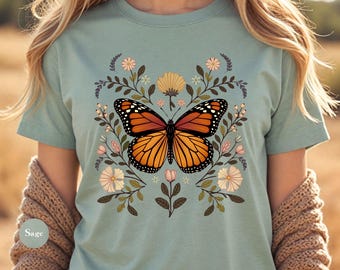 Vintage Retro Monarch Butterfly Shirt | Cottagecore Butterfly Shirt | Vintage Boho Butterfly Shirt | Botanical Butterfly Tshirt Tee