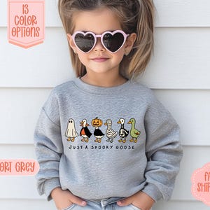 May include: A grey sweatshirt with a Halloween-themed design. It features cartoon geese in costumes and the phrase "JUST A SPOOKY GOOSE". The image also includes text saying "13 COLOR OPTIONS" and "SPORT GREY".