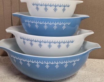 Juego de cuencos para mezclar Pyrex Snowflake Blue Cinderella 444 443 442 441