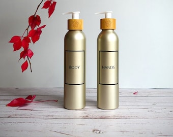 Bathroom dispenser set x2 bottles 300ml. Choose +15 colours & 6 design styles. Reusable aluminum bottles for shampoo, soap or lotion.