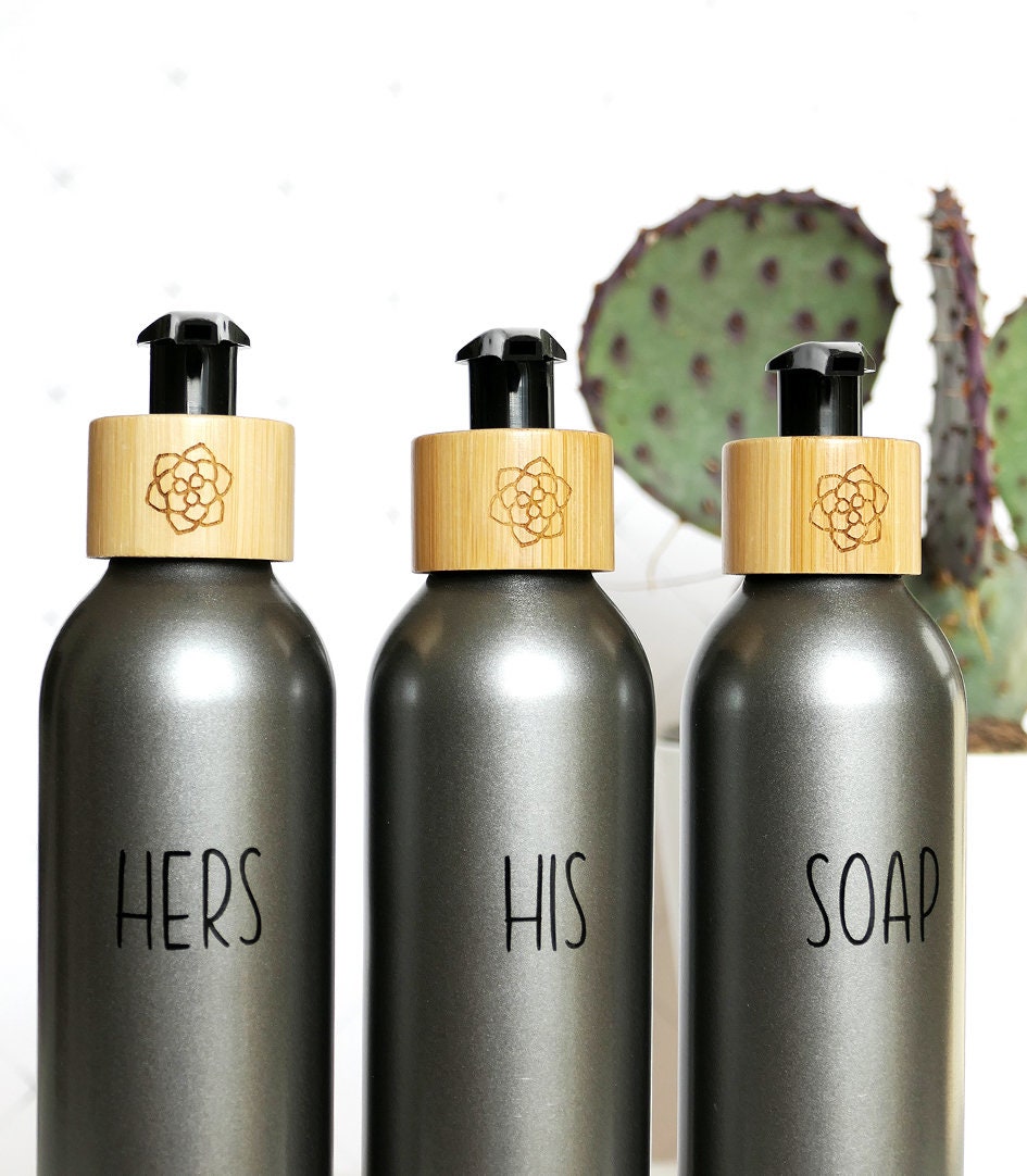 Bathroom Dispenser Set X3 Bottles 300ml. Choose 15 Colours & 6 Design Styles. Reusable Aluminum