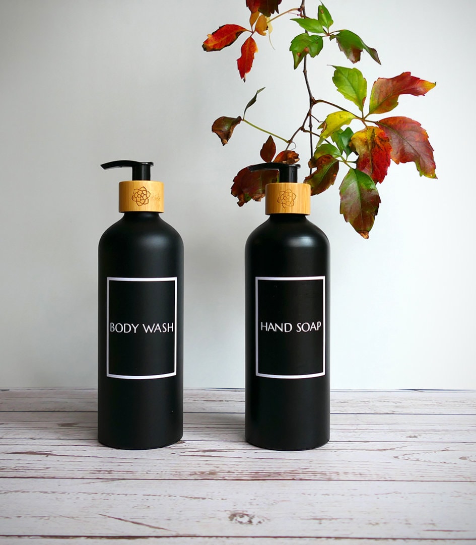 Bathroom dispenser set x2 bottles 500ml. Choose +15 colours & 6 design styles. Reusable aluminum bottles for shampoo, soap or lotion.