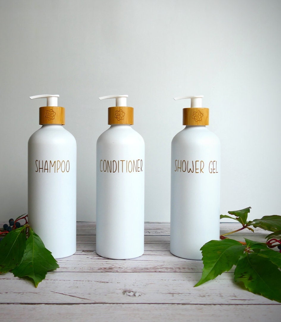 Bathroom dispenser set x3 bottles 500ml. Choose +15 colours & 6 design styles. Reusable aluminum bottles for shampoo, soap or lotion.