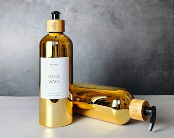 Dispensador de sabonete dourado metálico - Forever Bottle | Reutilizável e ecológico | Personalize e reabasteça com shampoo, sabonete ou loção