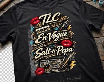 May include: A black t-shirt featuring a graphic print with the text TLC, En Vogue, and Salt-N-Pepa. The design includes illustrations of a cassette tape, a boombox, two microphones, red lips, and yellow lightning bolts on a leopard print ribbon.