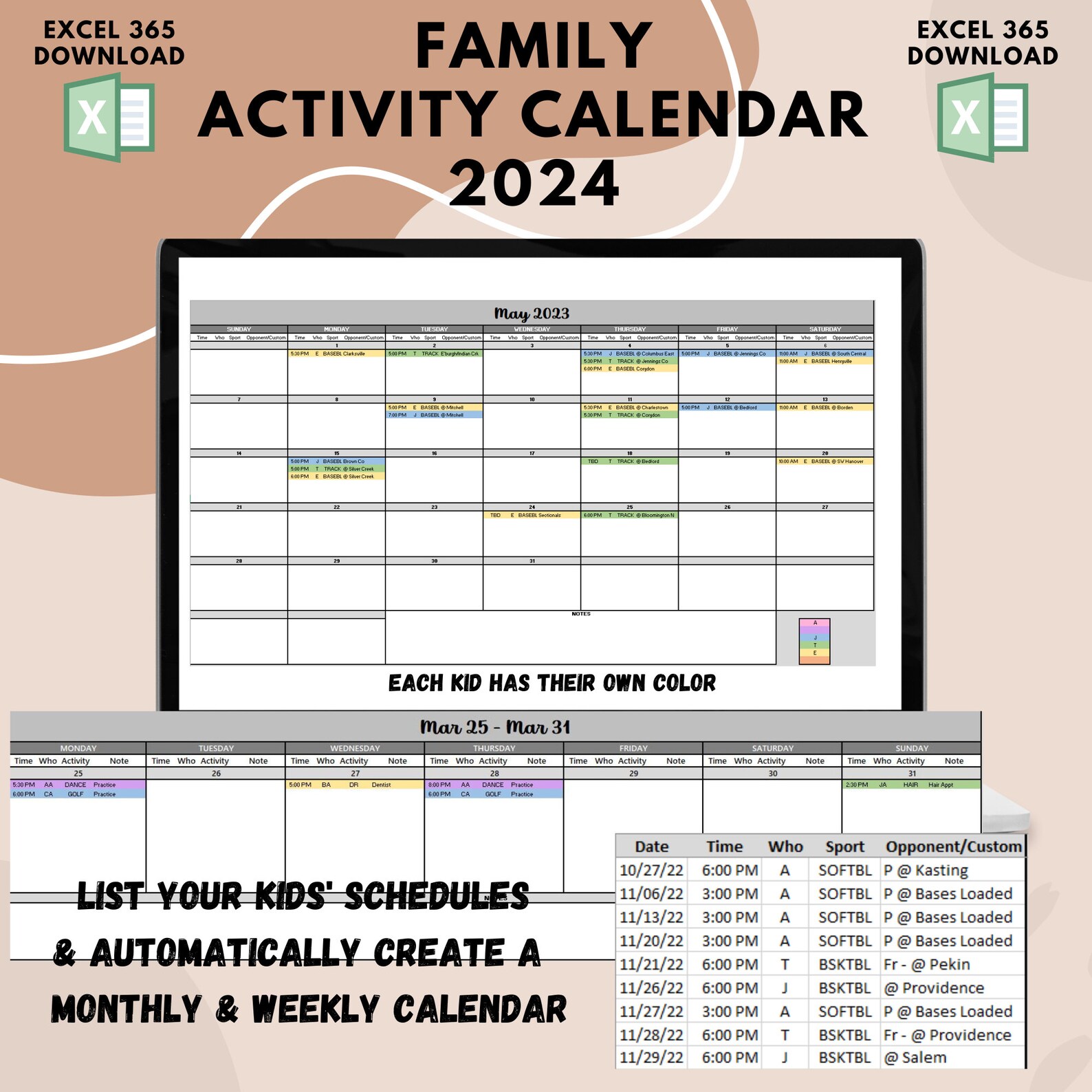 Digital Family Activity Calendar, Sports Calendar, Family Schedule