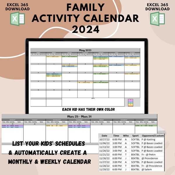 Digital Family Activity Calendar, Sports Calendar, Family Schedule, Kids Activity Calendar, Kids Sports Calendar for 2024