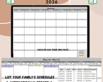 2026年 ファミリーアクティビティカレンダー、スポーツスケジュール（Excel 365）