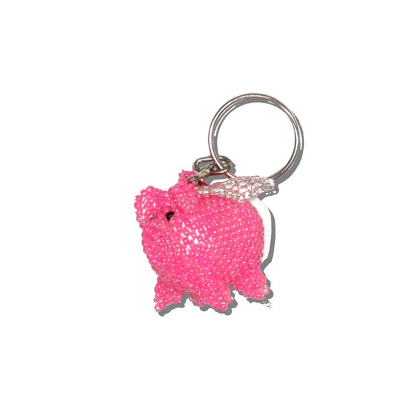 Flying Pig Keychain, Fair Trade Handmade Artisan Made, Unique Adorable, Perfect Gift for Piggy Lovers, When Pigs Fly, Beaded Pink White