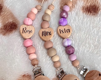 Personalized Heart Baby Dummy Clip | Beechwood & BPA Free Silicone Pacifier Chain