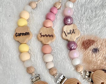 Personalised Baby Dummy Clip | Beechwood Flower,  BPA Free Silicone Pacifier Chain