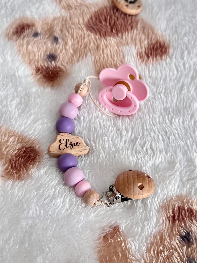 Personalised Baby Dummy Clip| Beachwood Cloud | BPA Free Silicone| Pacifier Holder Purple