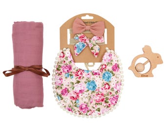 Baby Headband 5 Piece Gift Set| 3 Floral Colours | Baby Swaddle Set| Peronsonalised Baby Rattle