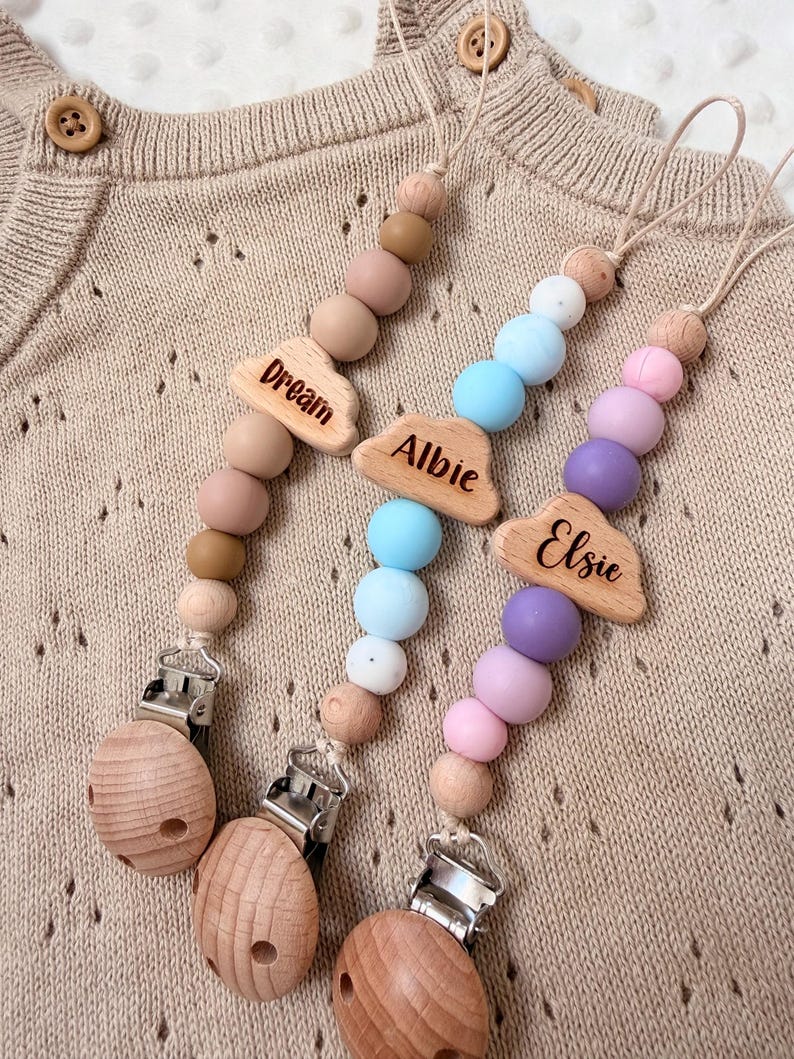 Personalised Baby Dummy Clip| Beachwood Cloud | BPA Free Silicone| Pacifier Holder image 1