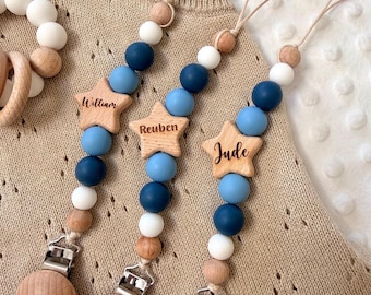 Clip para chupete con forma de estrella personalizado / 9 COLORES / Cadena para chupete / Clip para chupete / Madera de haya natural y silicona de grado alimenticio