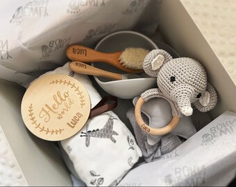 Personalised Baby Feeding Gift Set: Crochet Animal, Cutlery & Swaddle Blanket