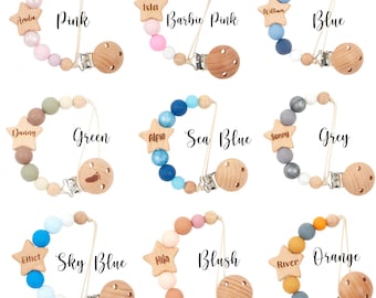 Personalized Star Dummy Clip: Silicone Pacifier Clip with Beech Wood