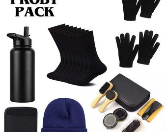Kit esencial Proby Pack para academias de servicio civil: calcetines negros, botella de agua de 945 ml, guantes, betún para zapatos, asa para bolso y gorro azul marino.