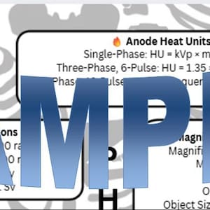 May include: A white educational chart with black text and the word "SAMPLE" in large blue letters. The chart includes formulas and information about electrical principles and anode heat units.
